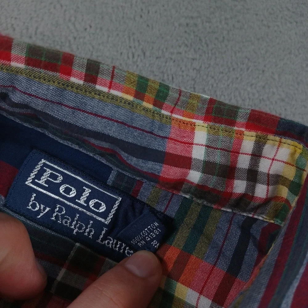 Vintage Polo Ralph Lauren Shirt Mens Medium Red Military‎ Epaulets Plaid 90s